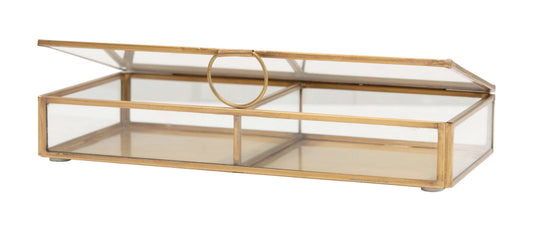 Rectangular brass and glass display box with gold frame, open lid, round handle, and two compartments. Sizes available.
