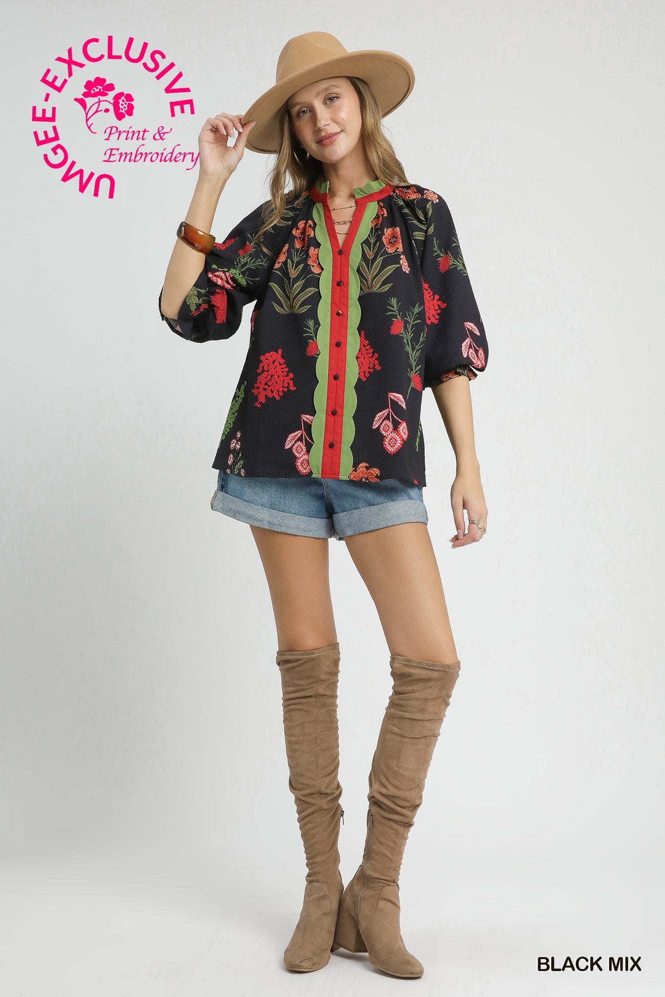 Dolly Floral Textured Blouse with Scalloped Trim