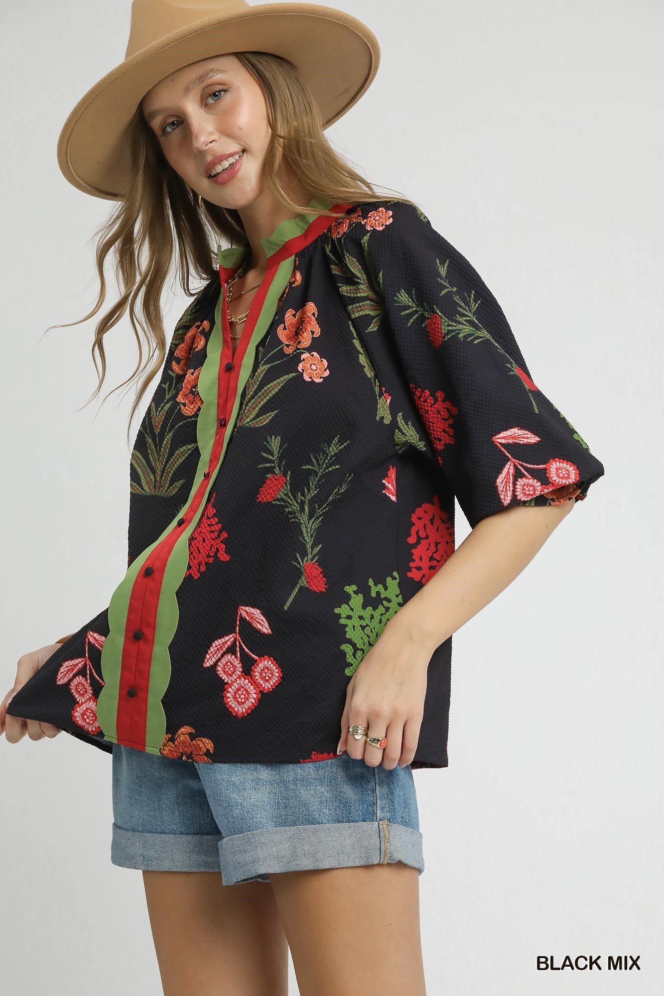Dolly Floral Textured Blouse with Scalloped Trim