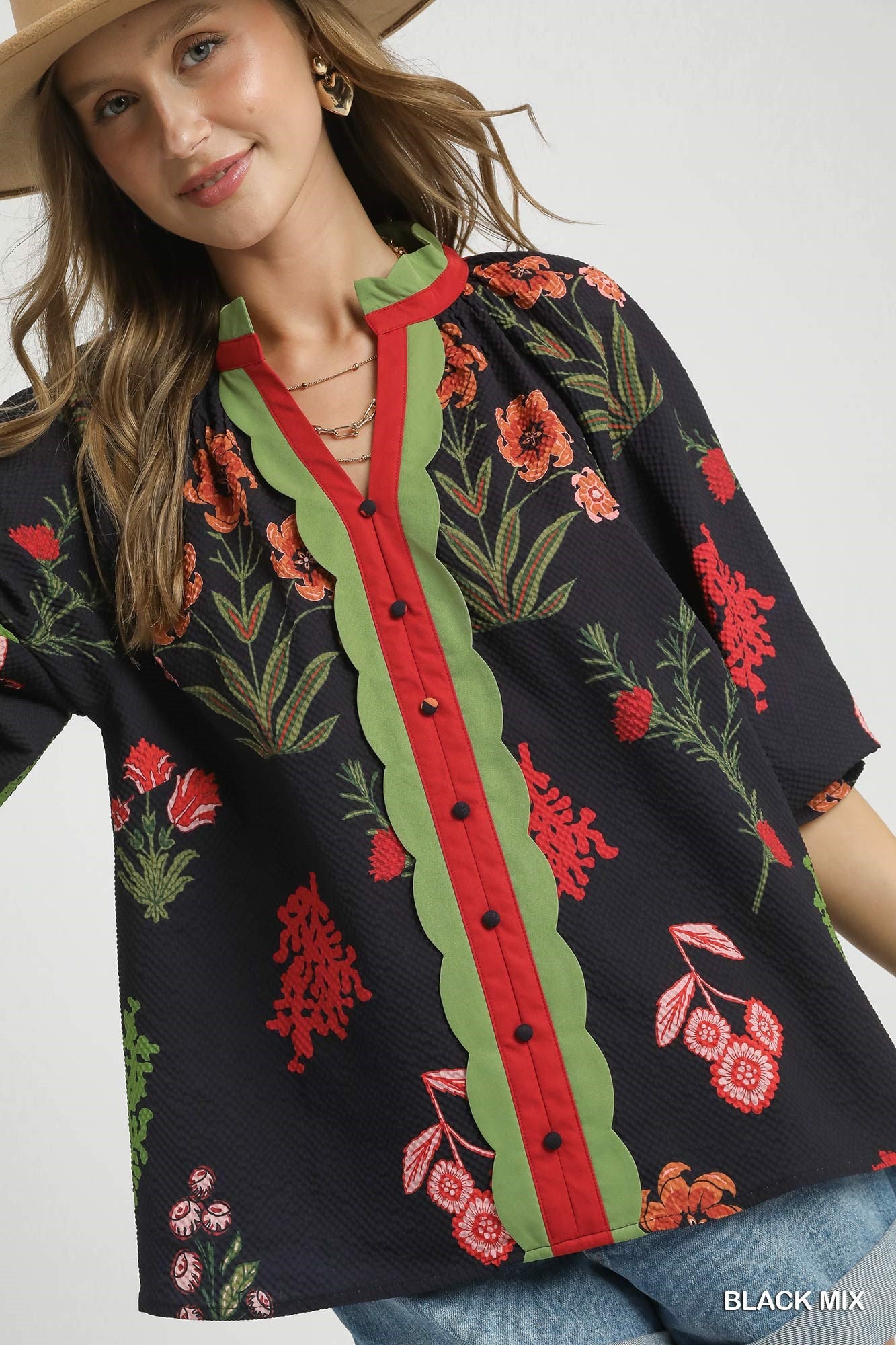 Dolly Floral Textured Blouse with Scalloped Trim