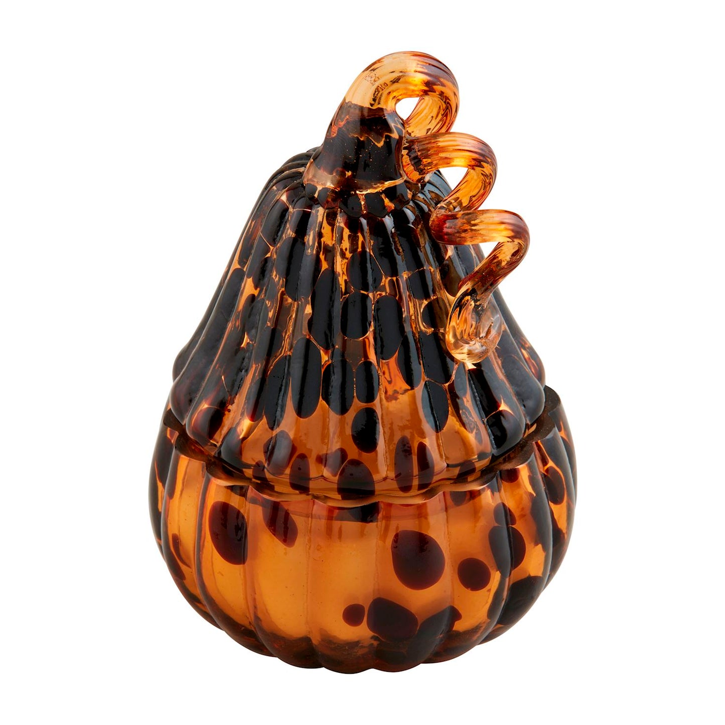 Small orange pumpkin-shaped candle with black spots and curly stem. Available sizes: small.