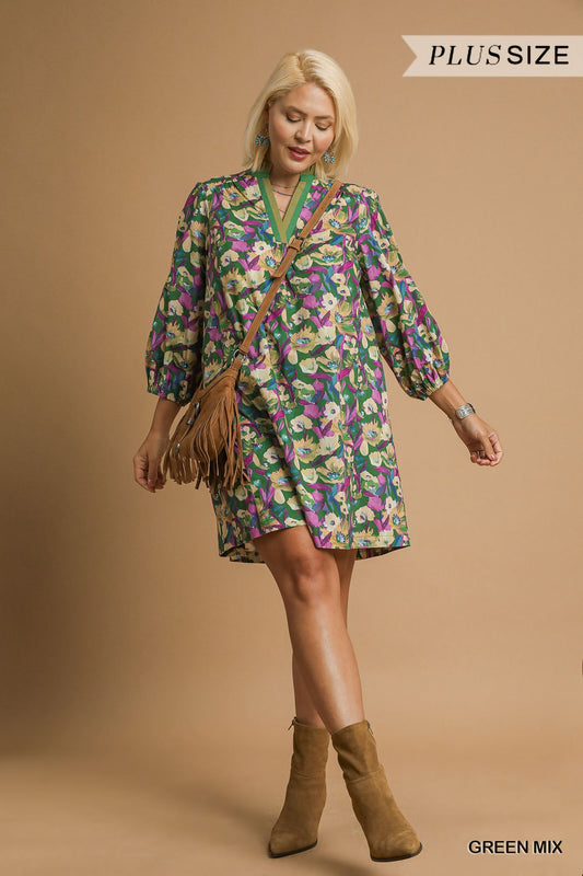 Boho Floral V-Neck Balloon Sleeve Dress