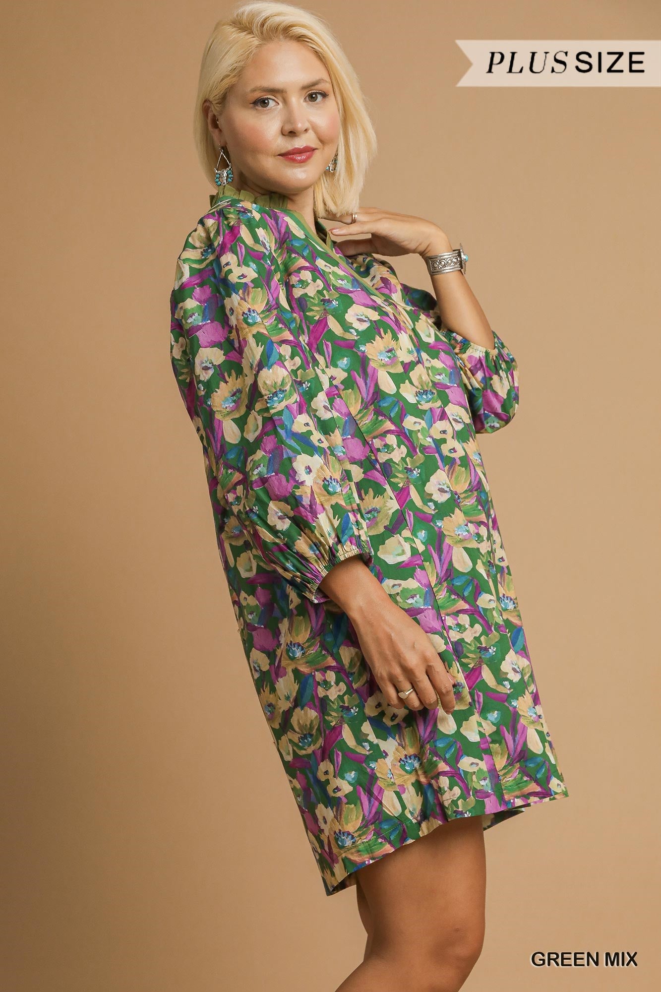 Boho Floral V-Neck Balloon Sleeve Dress