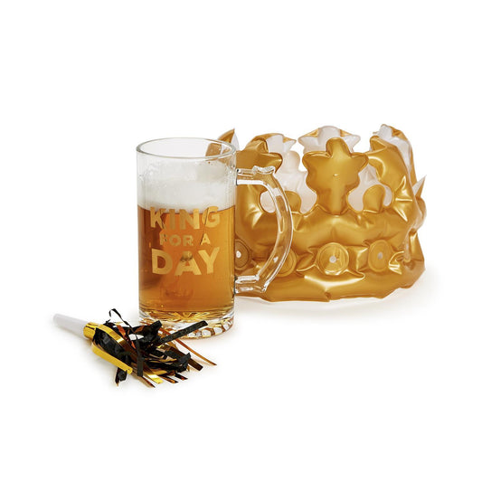 Beer Mug with Inflatable Royal Crown & Noise Maker, available in 16oz and 20oz sizes.