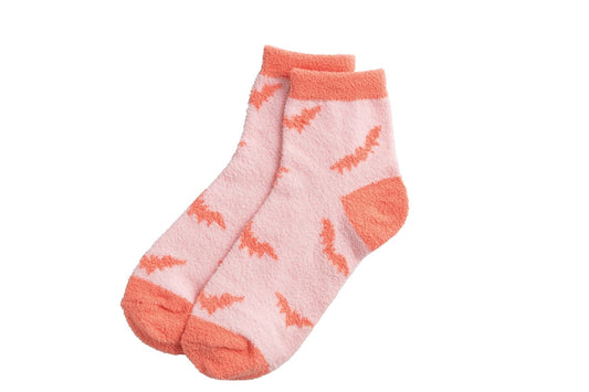 Halloween Sock Set: fuzzy pink socks with orange bats, solid orange heels/toes/cuffs. Sizes available: S, M, L.