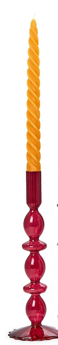 Handblown Jeweled Tone Glass Candle Holder, glossy red, rounded shapes. Sizes: 6", 8", 10".