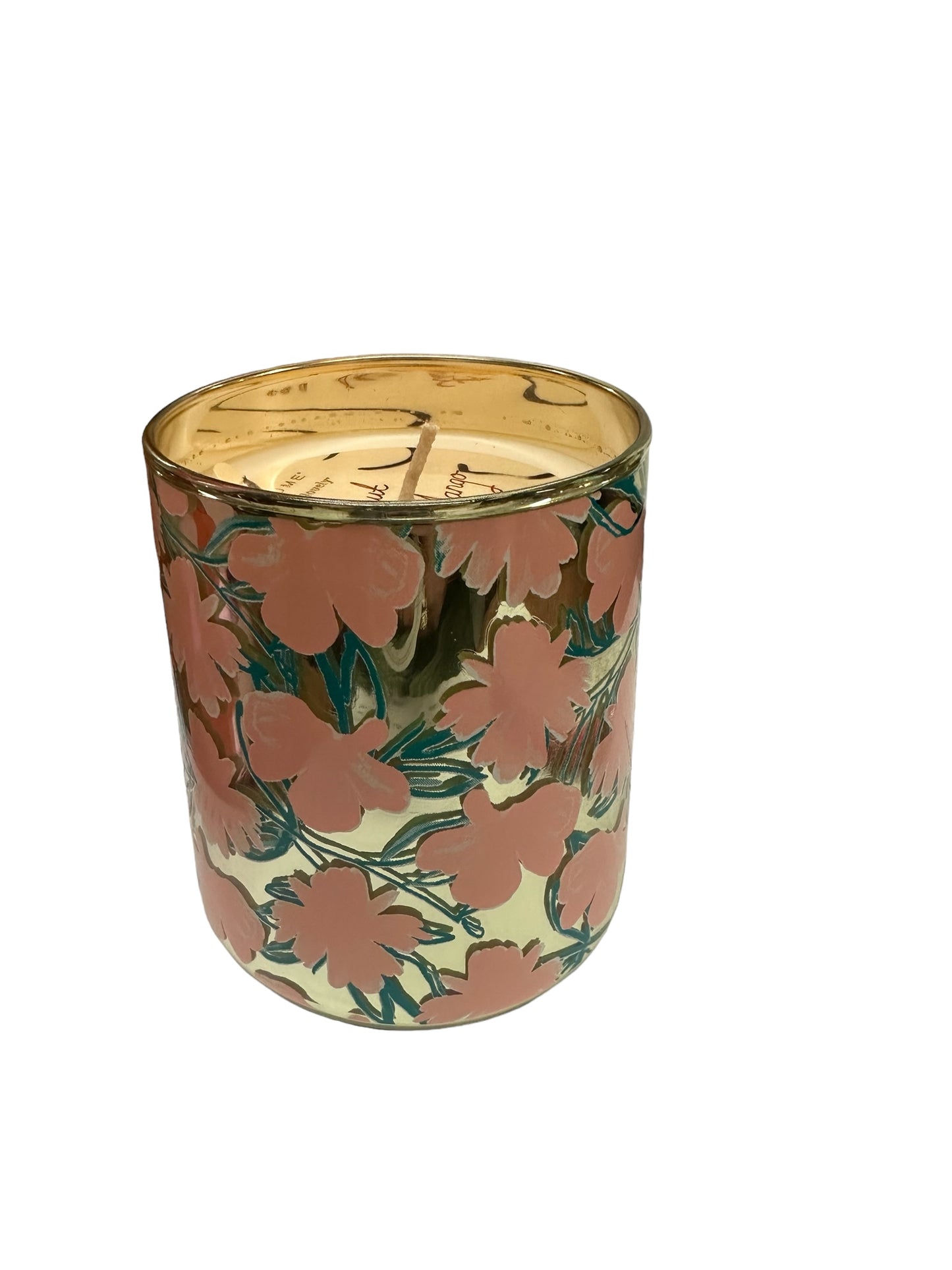 2.5 x 2.5 gold candle jar with pink flowers and green leaves; available in 2.5 x 2.5 size only.