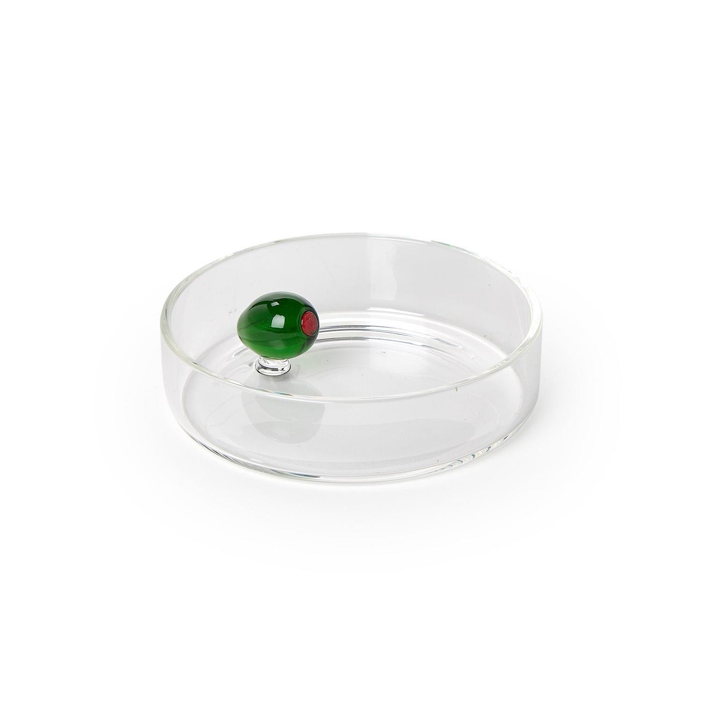Clear glass dish with a green glass olive and red pimento detail inside; available in small and large sizes.