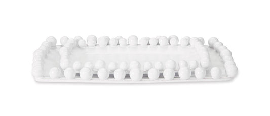 Rectangular white ceramic platter with raised edges and round beads on border. Available in small, medium, and large sizes.