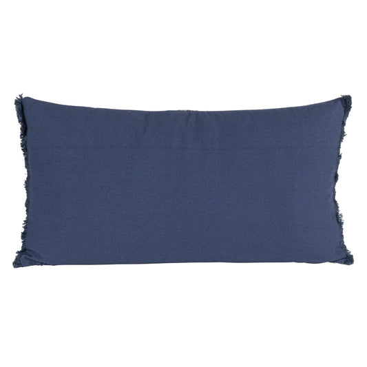 26”x14” dark blue cotton blend velvet lumbar pillow with fringe and slightly frayed edges.