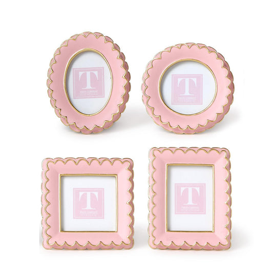 Set of 4 pink resin mini frames, 2 round, 2 square, with gold scalloped edges; each has a white "T" on a pink background.