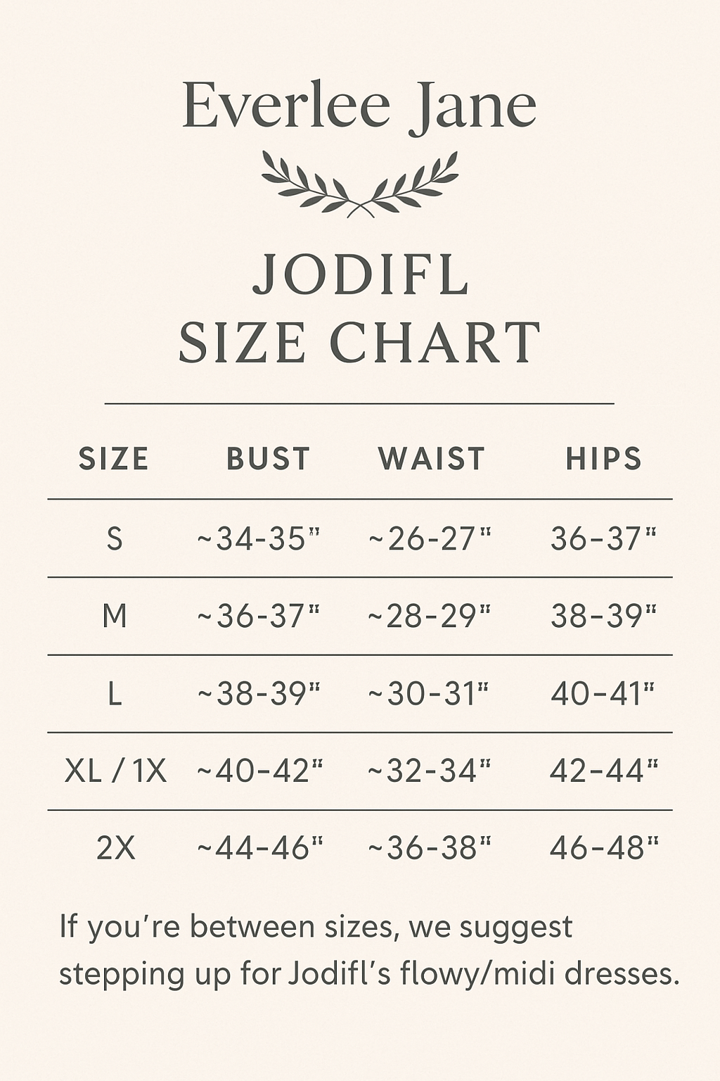 Embroidered Cuff Long Sleeve Top size chart, S–2X, with bust, waist, and hip measurements. Size up if between sizes.