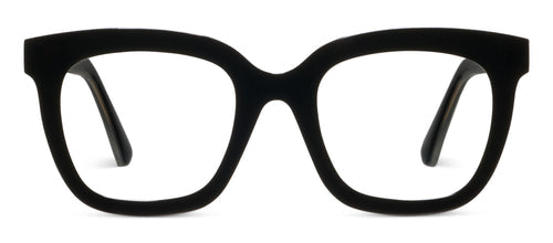 Black, thick-rimmed rectangular eyeglasses with blue light lenses. Available in multiple sizes. Designed for eye comfort.