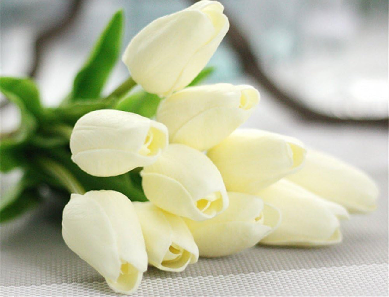 White PU artificial tulip bundles with green stems, available in sizes 13" and 16".
