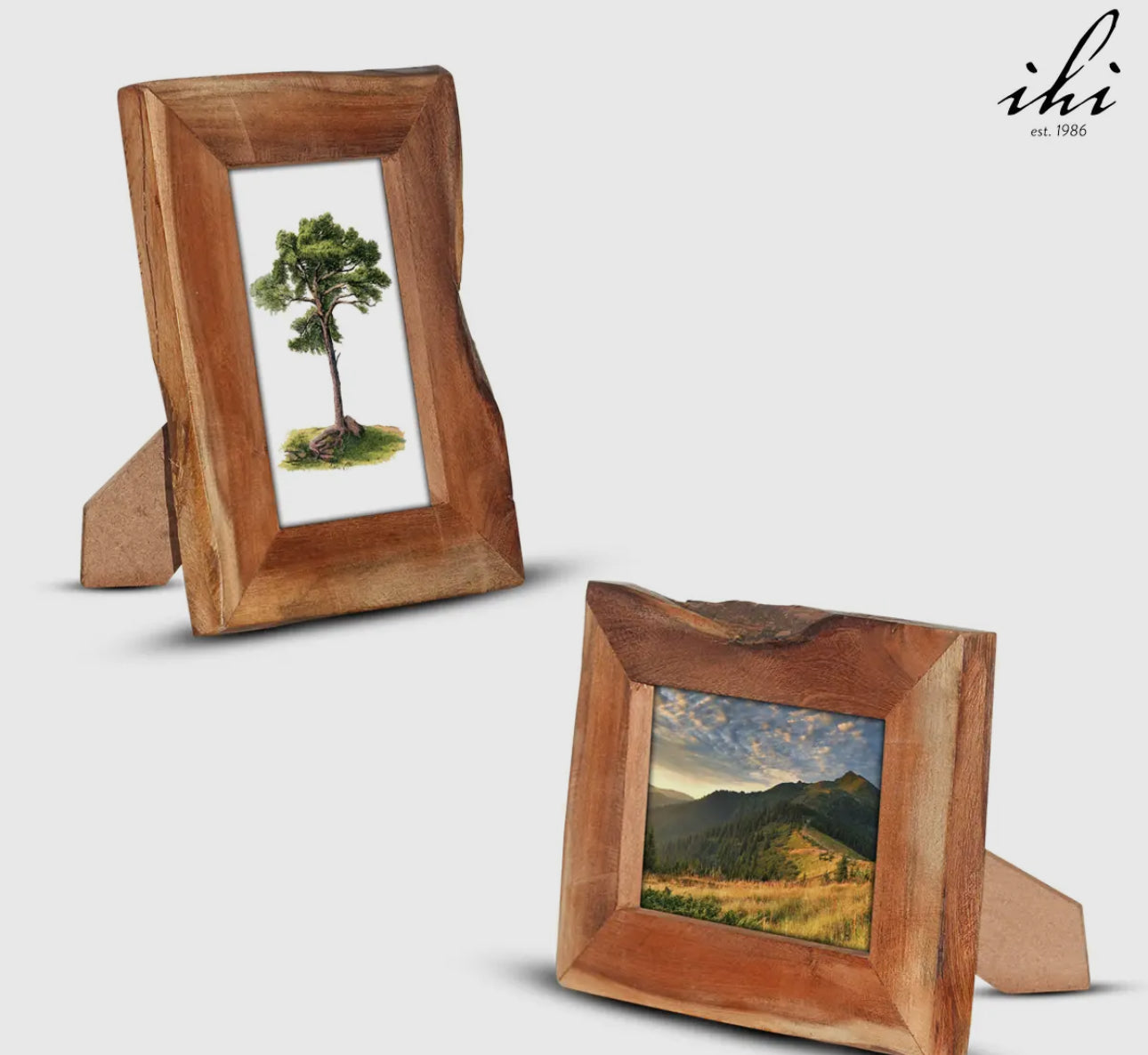 Two Ecoframe Wood Photo Holders, natural edges, sturdy cardboard stand. Fits 4x6 photos. Tree and mountain designs displayed.