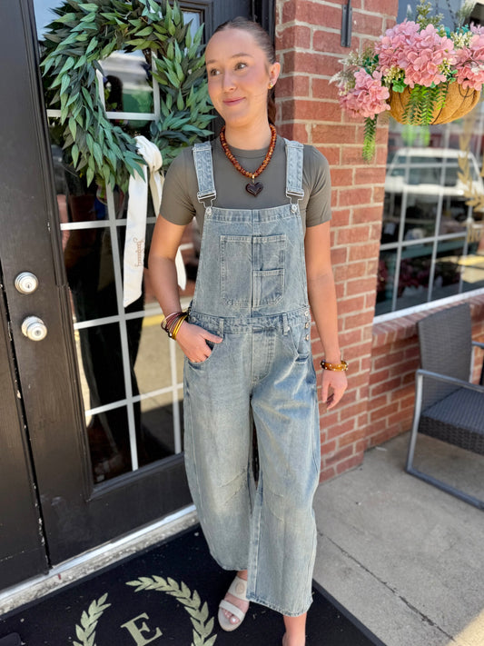 Dakota Mineral Wash Denim Jumpsuit, available in sizes XS-XL.