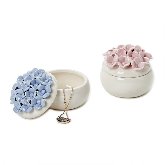 Round porcelain Hydrangea Trinket Jewelry Box with blue hand-painted hydrangea flowers; available in multiple sizes.