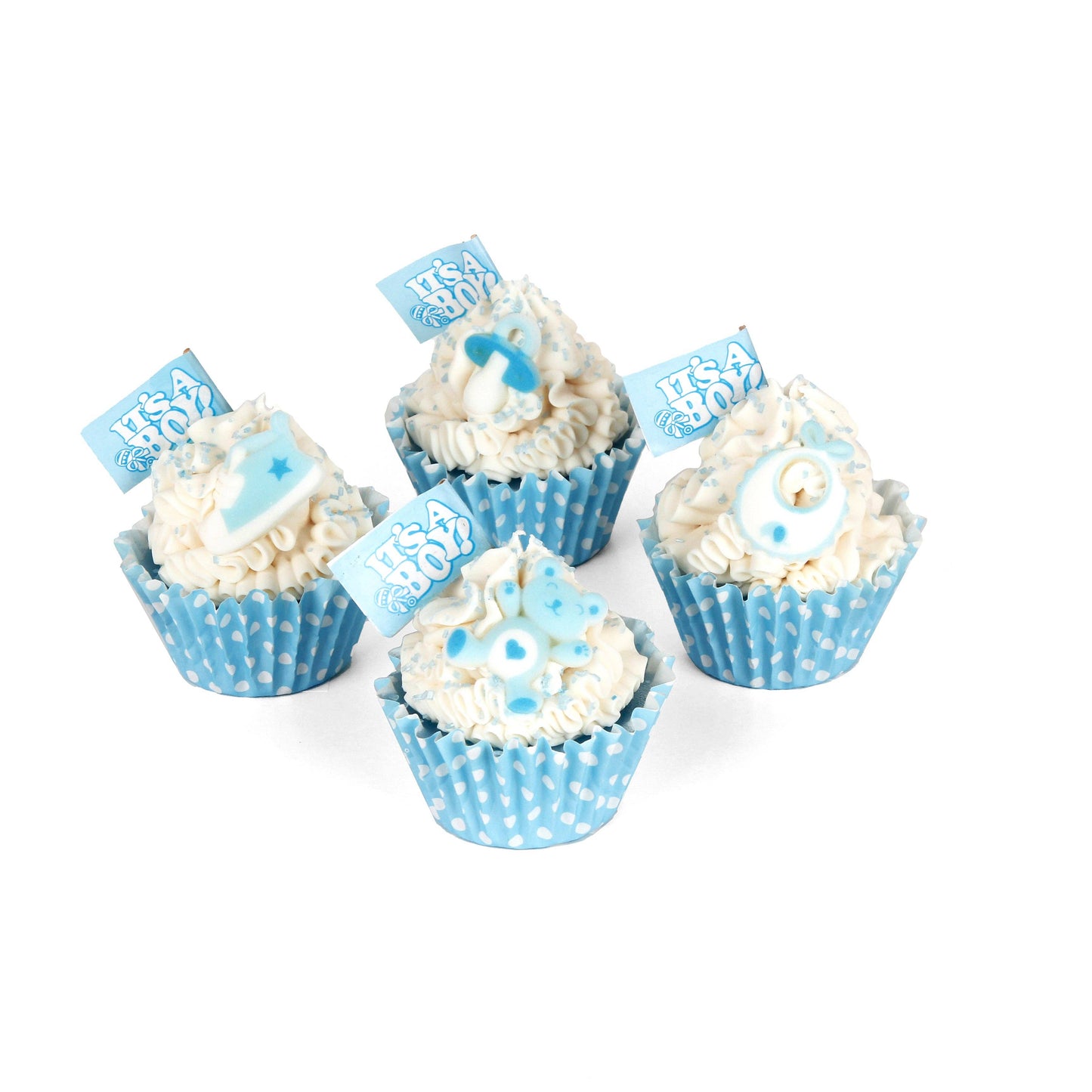 Four blue and white "It's a Boy" cupcake soaps with pacifier, bottle, and stroller accents; sizes available: standard 2.5 oz.