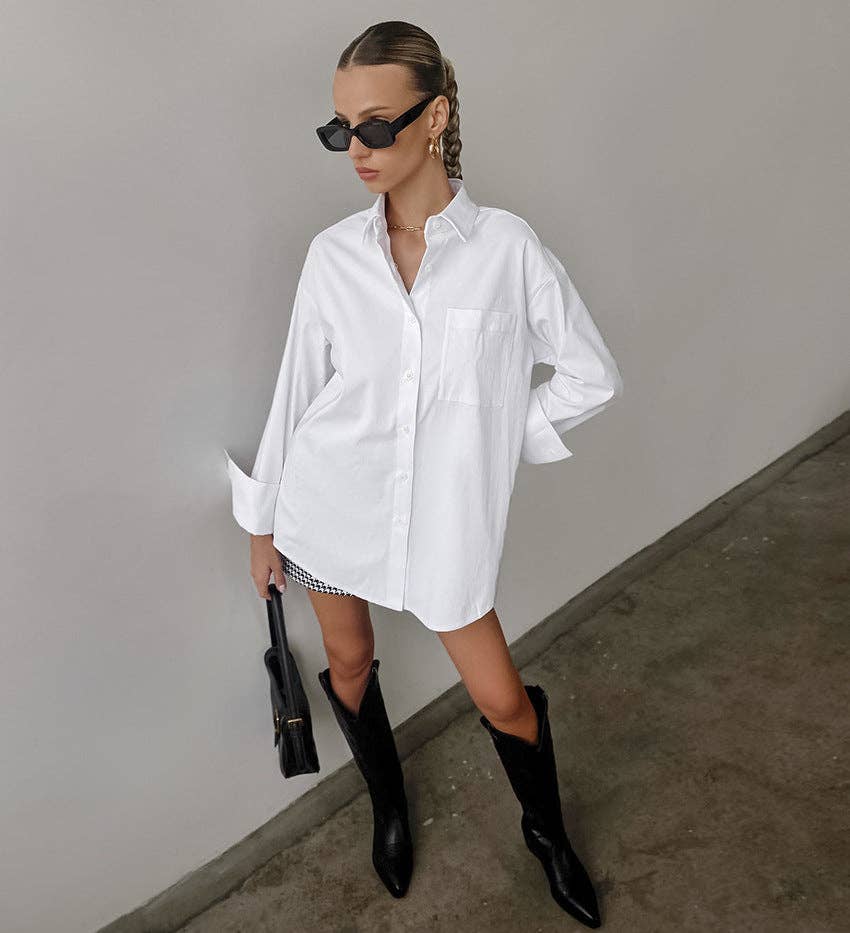White Lapel Collar Button Down Fit Daily Shirt, available in sizes S-XL.