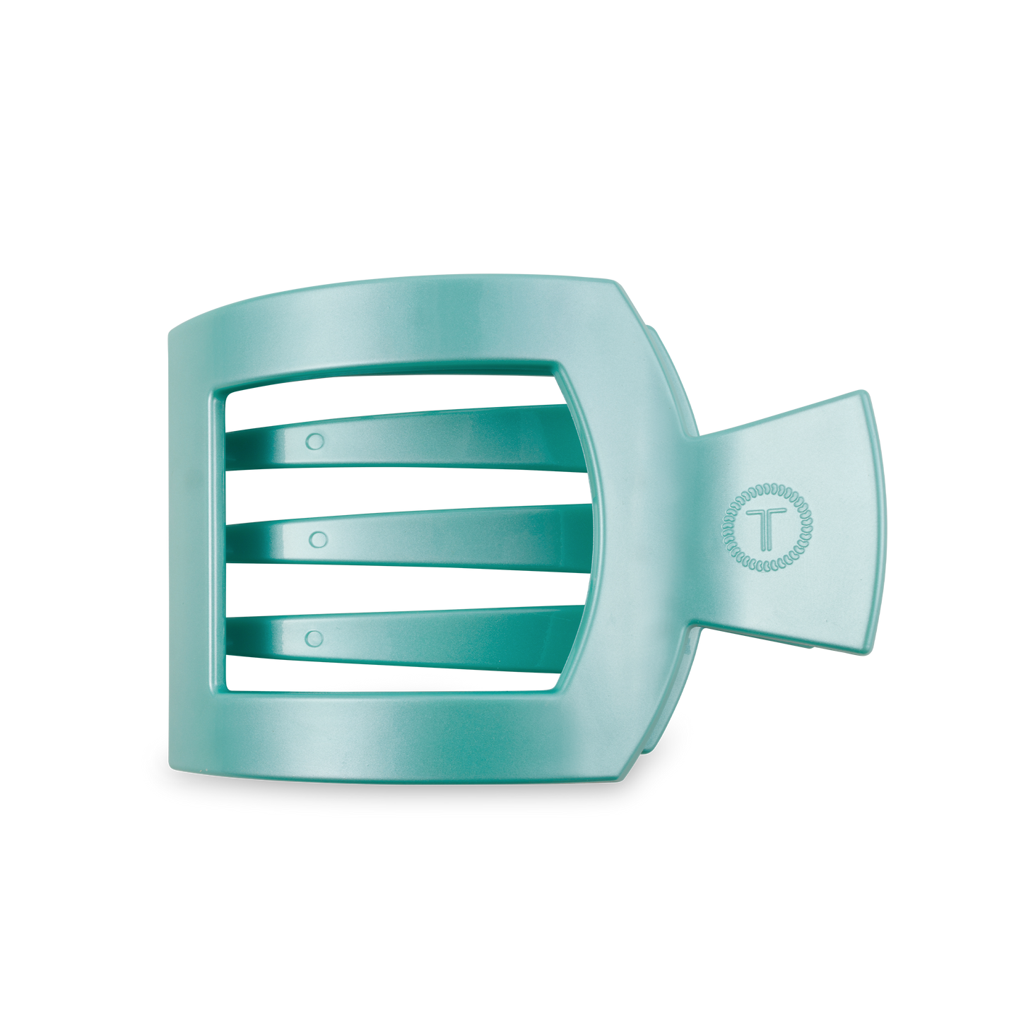 Teal TELETIES Square Flat Hair Clip with strong-grip, rectangular design; features three open slots and a "T" emblem. Sizes: Small, Large.