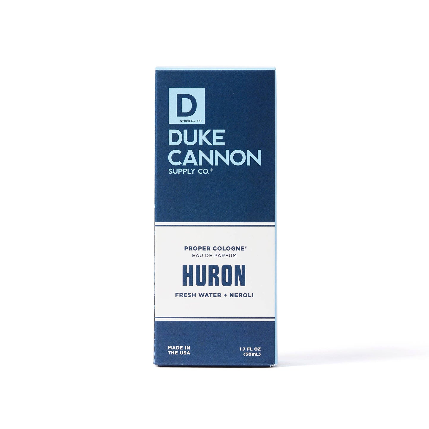 Proper Cologne Huron by Duke Cannon: blue and white box, aquatic scent, fresh water & neroli notes. Available in 1.7 oz size.