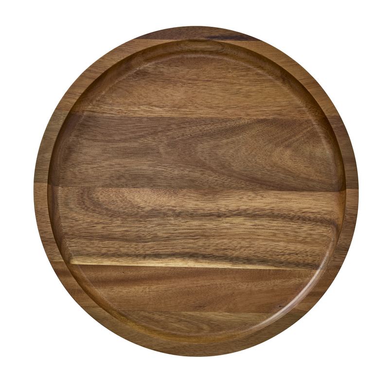 Round acacia board with smooth finish and visible wood grain. Available in 14" size.