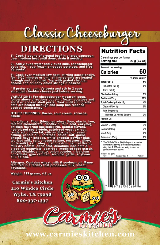 Back of Classic Cheeseburger Soup Mix packet with instructions, nutrition info, topping ideas, and contact details. Size not shown.