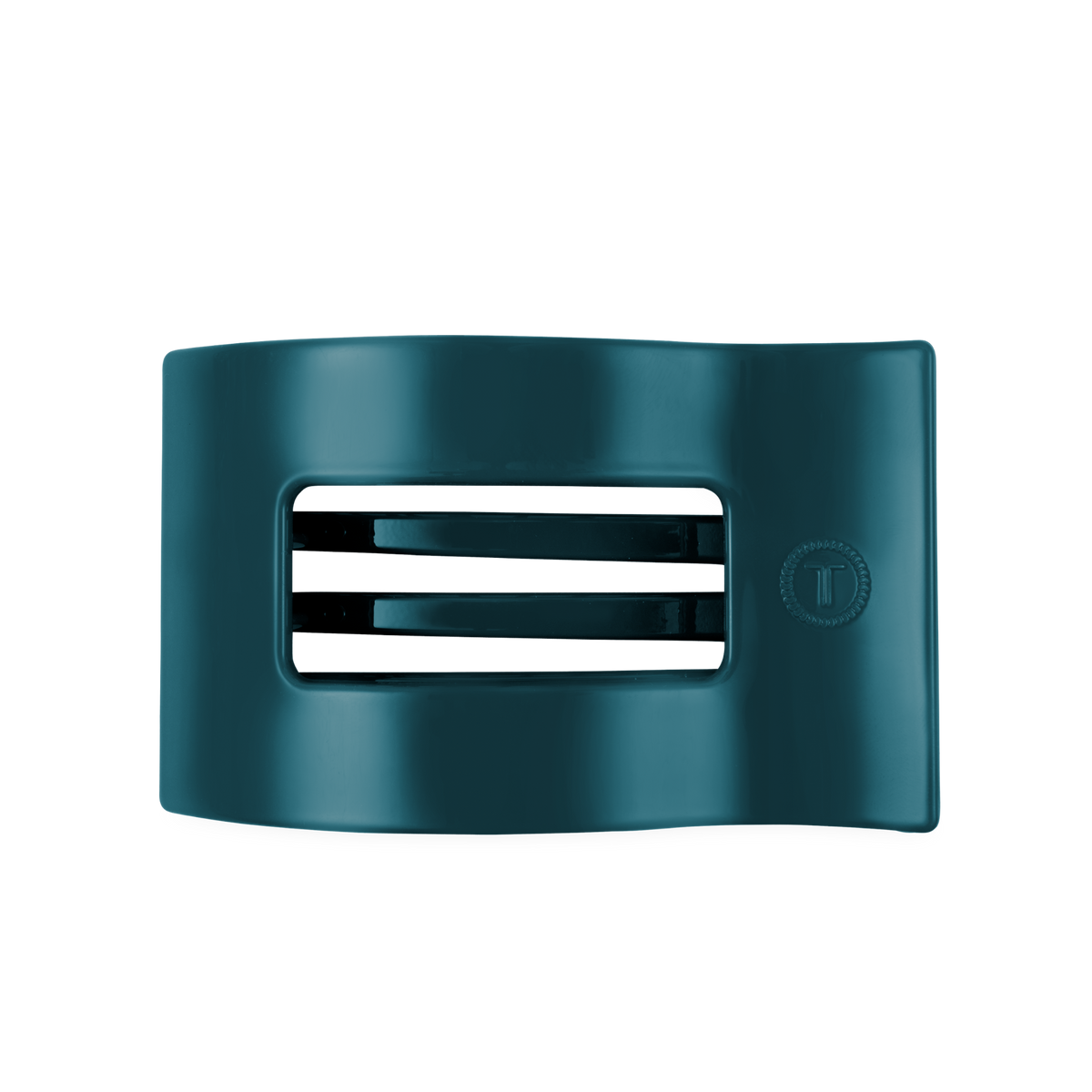 A Teal With It Large Flat Rectangle Hair Clip by TELETIES in dark teal with two prongs and an open rectangular center, available in large size.