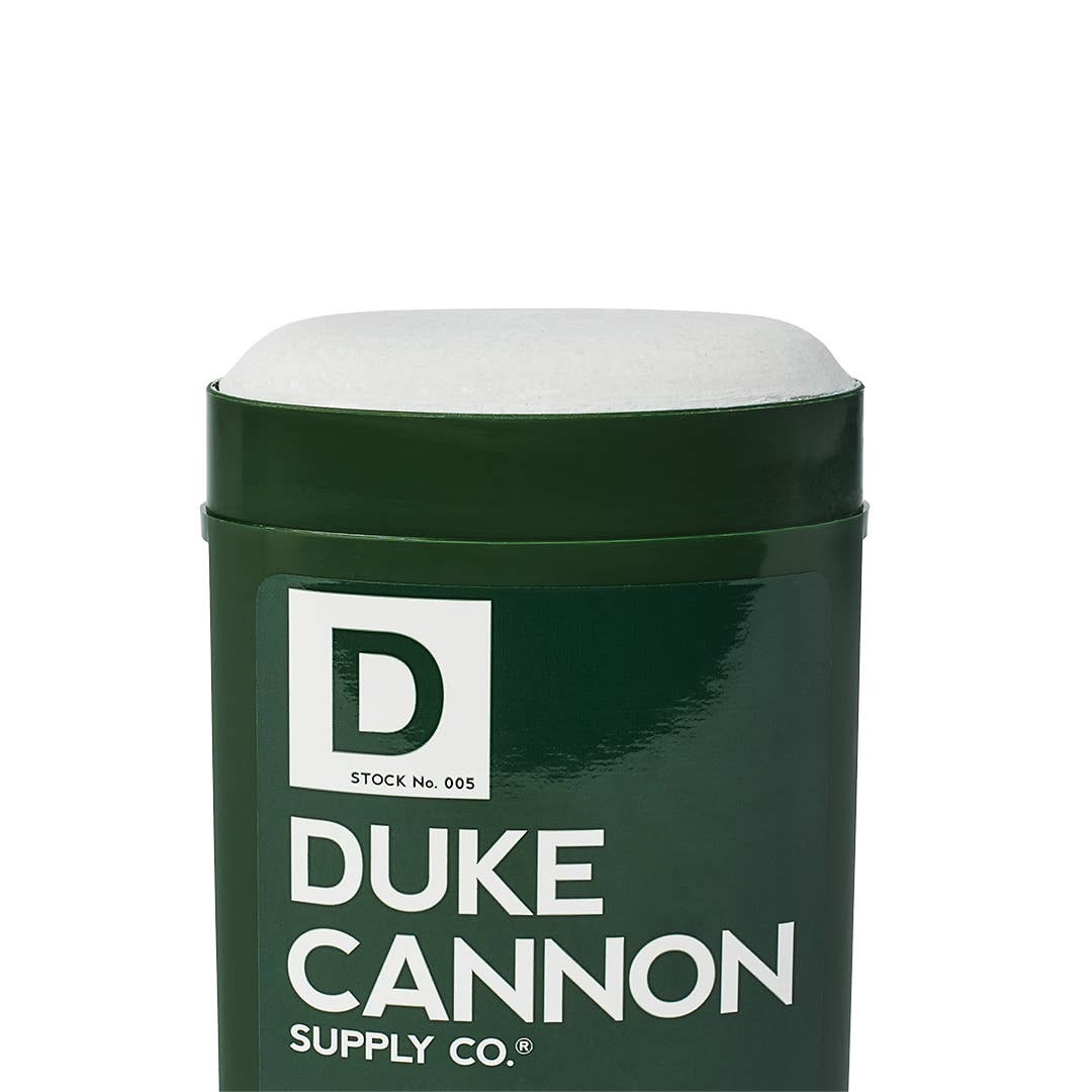 Green Duke Cannon Superior Anti-Perspirant Deodorant, cap off to show white stick. Available in 2.75 oz size.