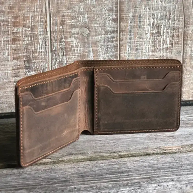 Rustic brown genuine leather bifold wallet for men, open and empty, showing multiple card slots. Available in S, M, L.