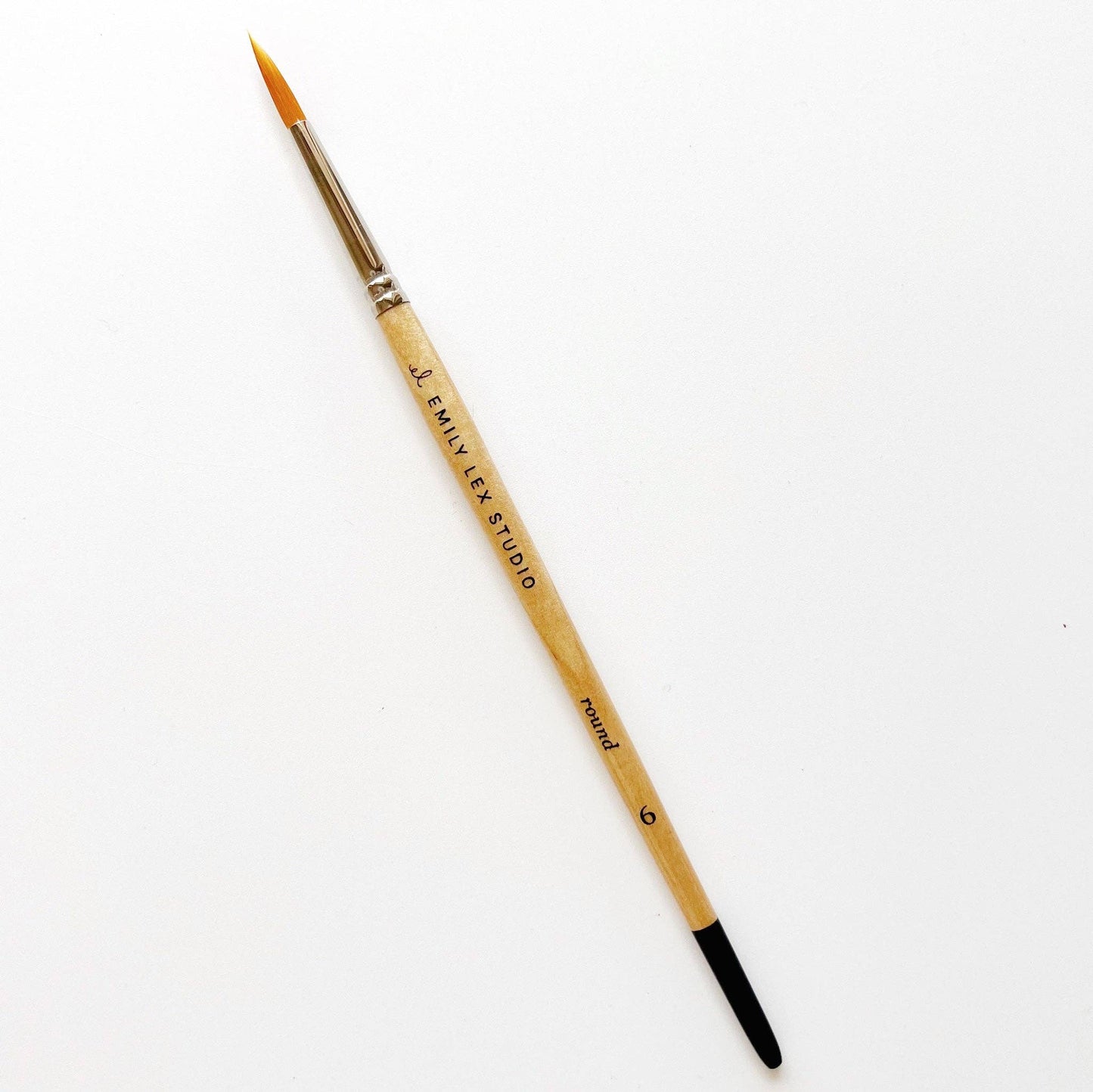 Watercolor Paintbrush, Size 0; synthetic taklon bristles, wooden handle with "EMILY LEX STUDIO" label, black tip.
