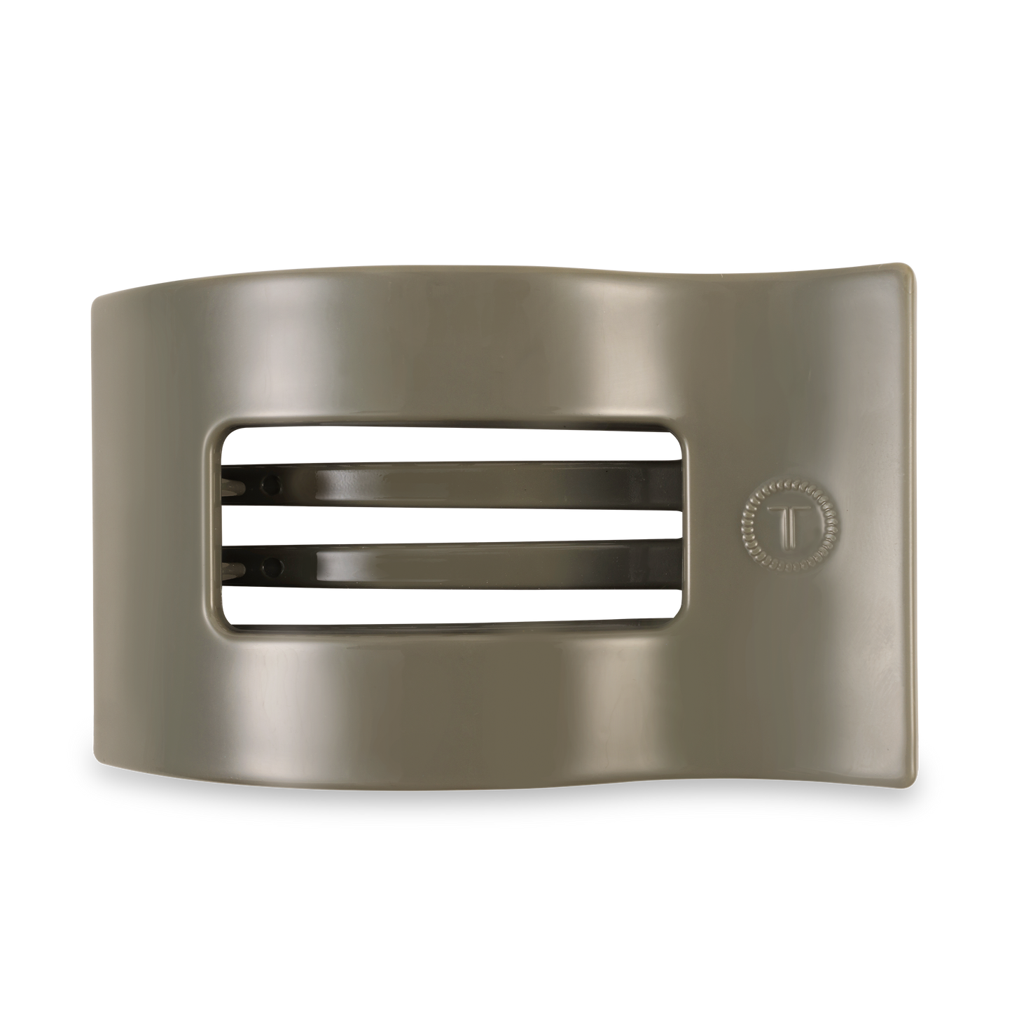 Matte olive-green TELETIES Flat Rectangle Hair Clip with two black inner prongs and embossed circle. Available in multiple sizes.