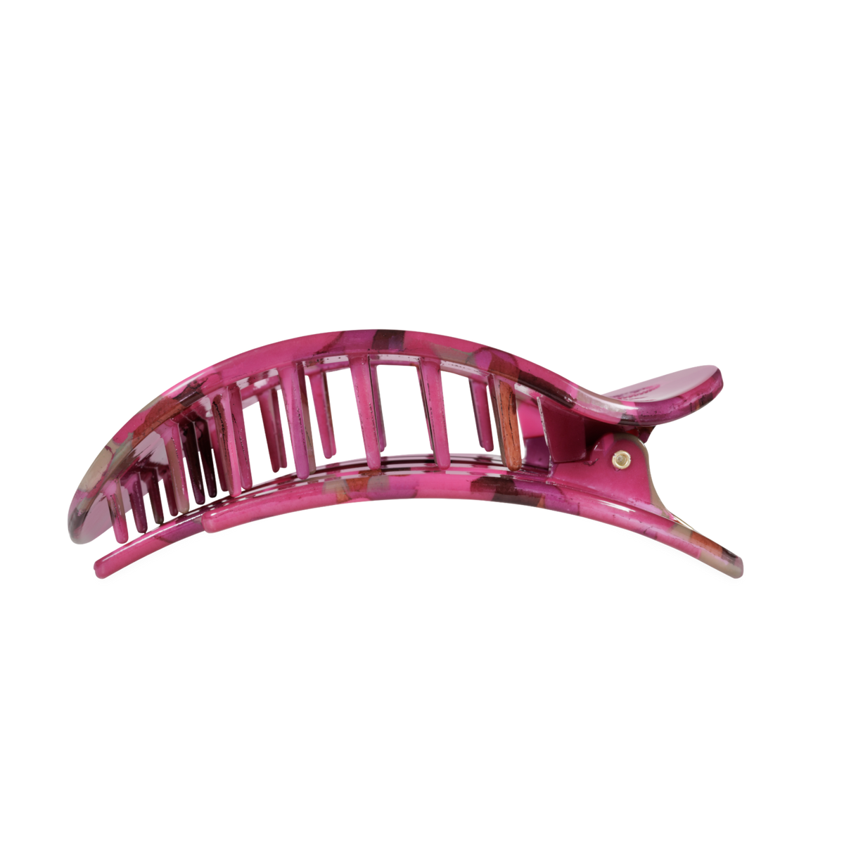 Large flat round hair clip with pink and purple floral pattern, curved shape, and interlocking teeth. Available in large size.