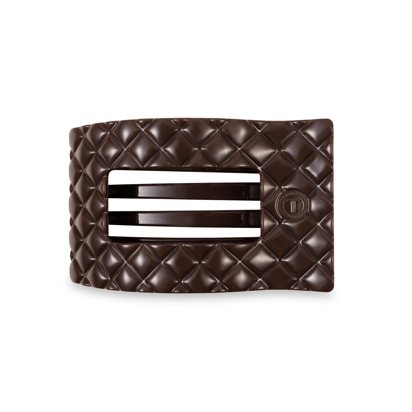 TELETIES Flat Rectangle Hair Clip with quilted leather-like design, three slats, circular detail. Available in multiple sizes.