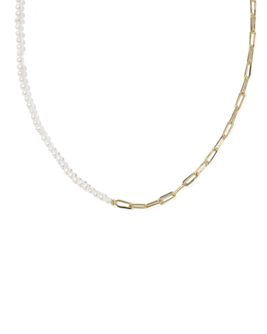 Gold necklace with freshwater pearls on one side, paperclip chain on the other. Available in 16" and 18" lengths.