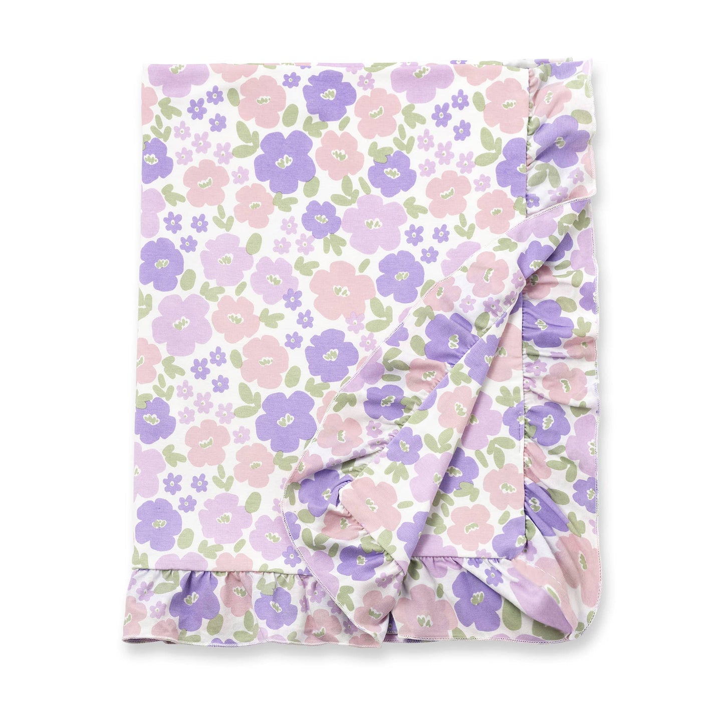 Hypoallergenic bamboo stroller blanket with ruffled edge, pink, purple & green floral on white. Available in stroller size.