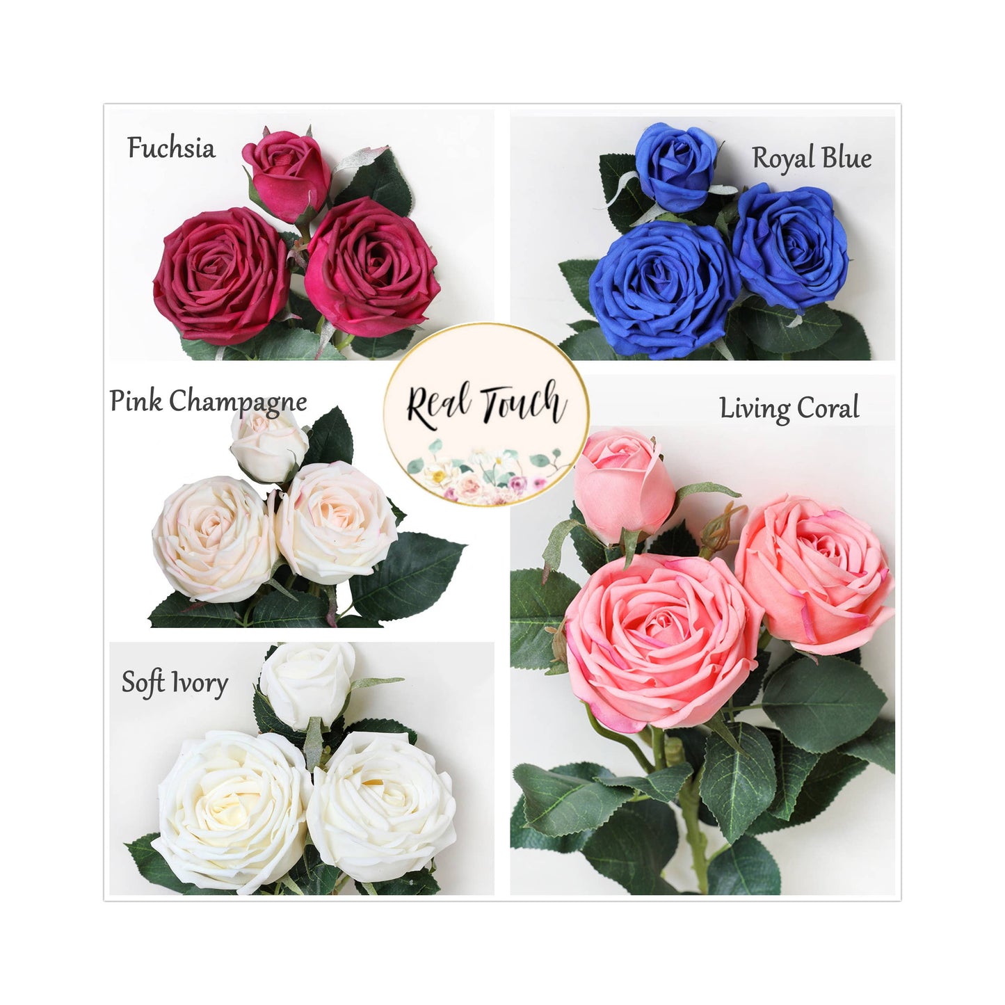 28.75" Living Coral Real Touch Cabbage Rose bouquet with lifelike petals and long stems, available in large bloom size.