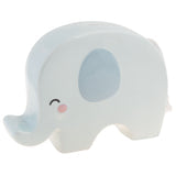 Light blue ceramic elephant bank with pink cheeks and simple features, available in small size.