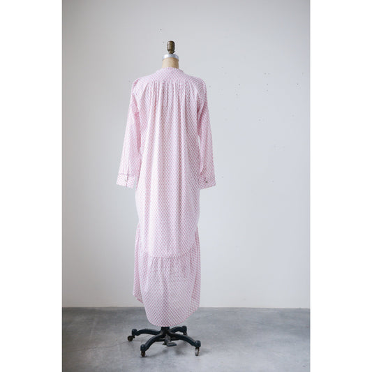 Cotton Printed Voile Steph Dress in light pink with subtle print, long sleeves, back view. Available in XS-XL.
