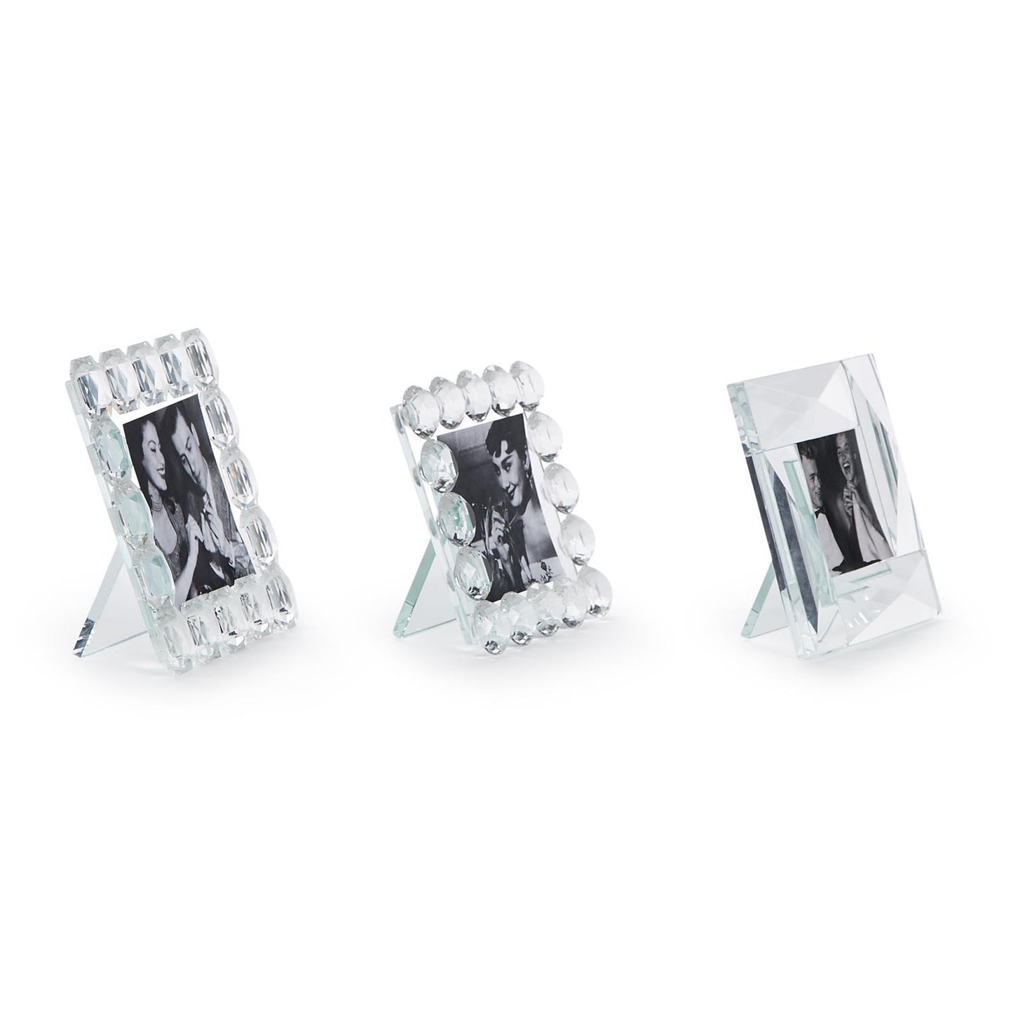 Three Brilliant Cut Crystal Frames with unique handcrafted designs, available in 4x6, 5x7, and 8x10 inch sizes.