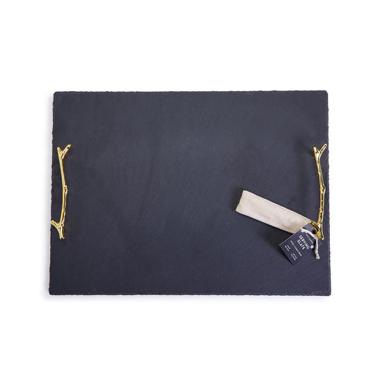 Rectangular black slate tray with gold twig handles; includes chalk pens. Available in small, medium, and large sizes.
