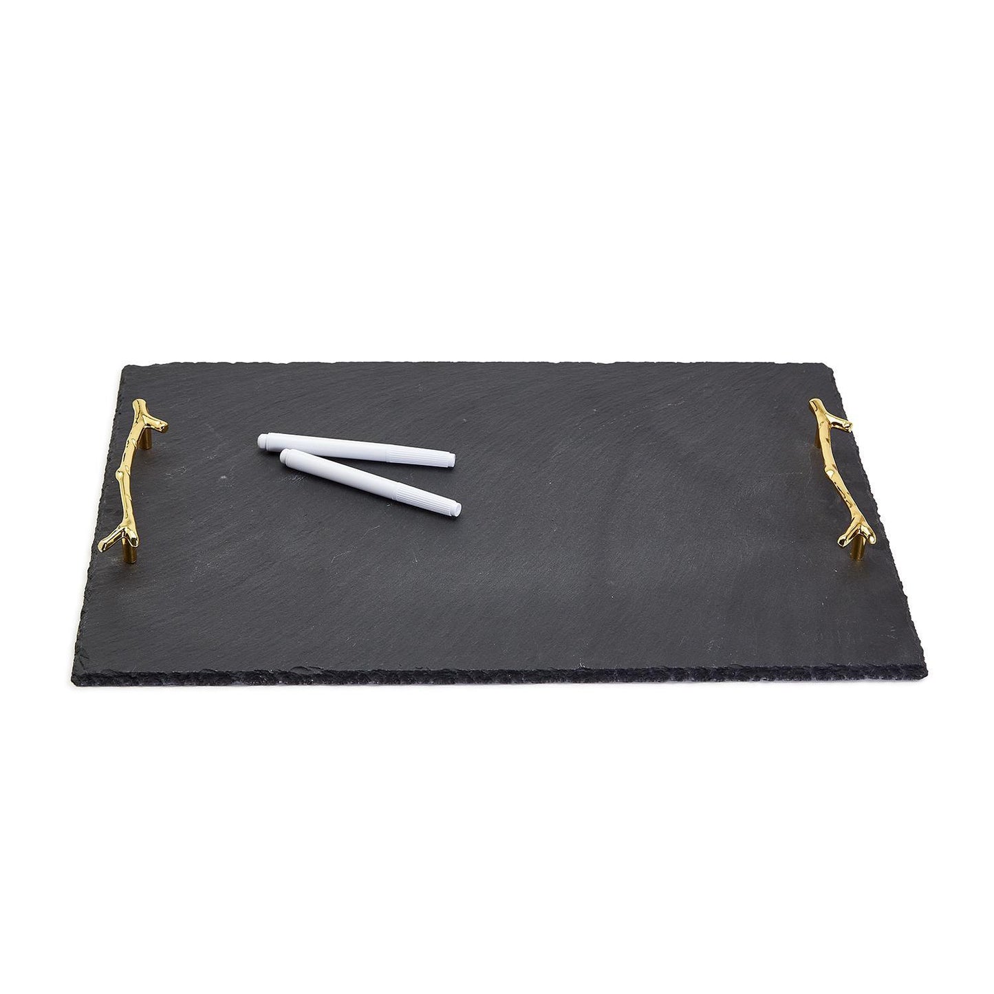 Natural Slate Tray with gold twig handles. Includes two white chalk pens. Available sizes: Small, Medium, Large.