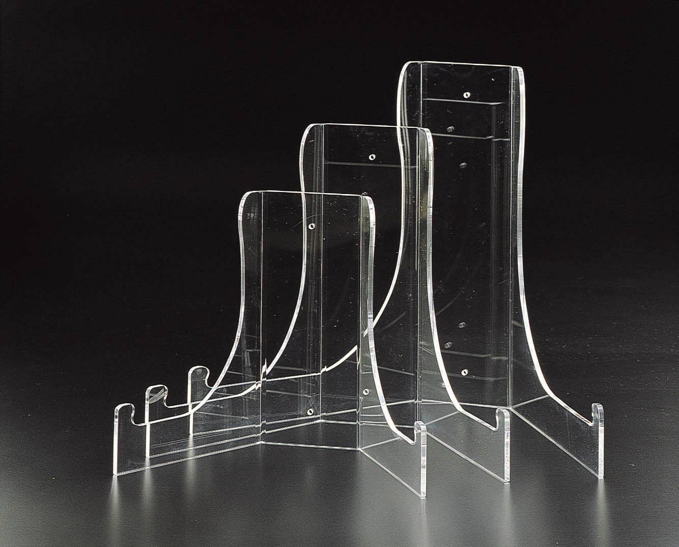 Clear 9"H Giant Bowl Stand with curved support for secure display; available in 9-inch size. Set includes three stands.