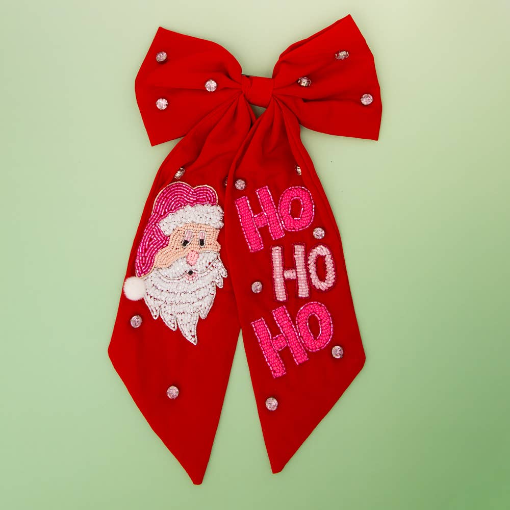 CHRISTMAS SANTA'S "HO HO HO" BOW BARRETTE HAIR CLIP: Pink