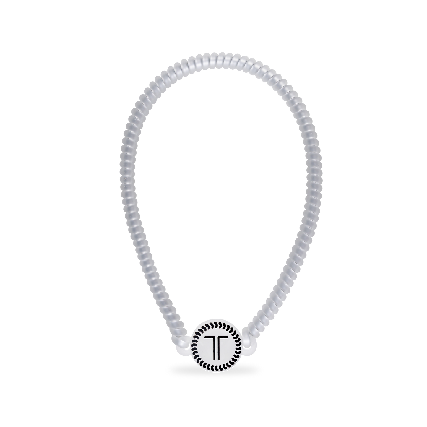 Clear, coiled TELETIES Spiral Hair Coil Headband with round "T" charm at center. Available in small and large sizes.