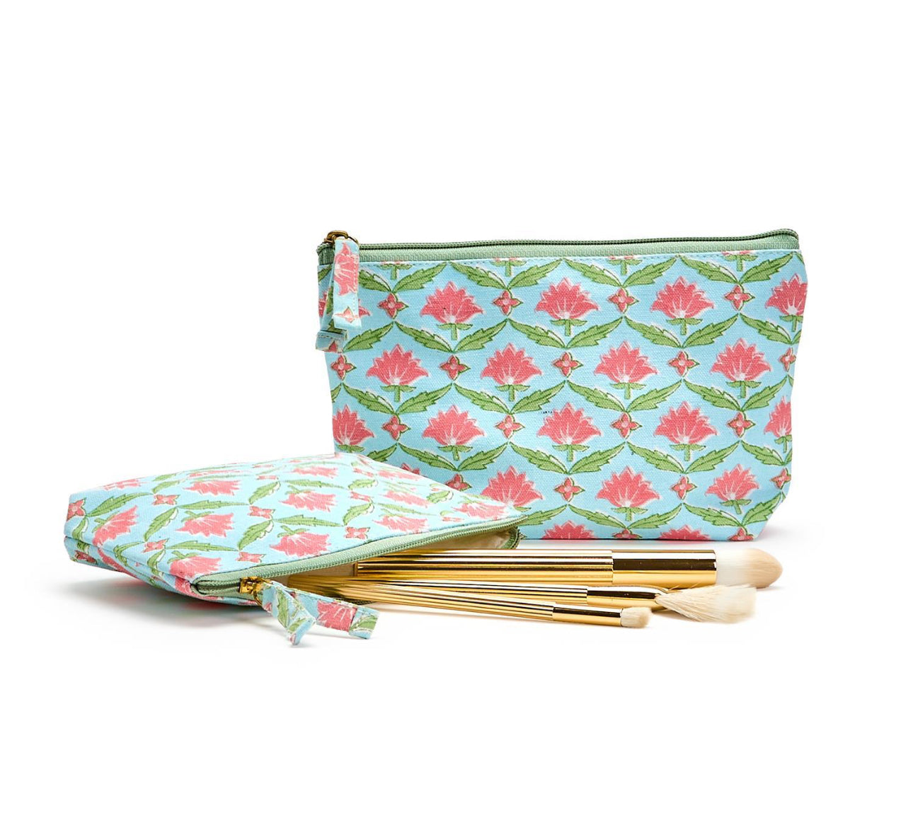 Floral Block Print Multipurpose Pouches in pink and green; available in small and medium sizes.