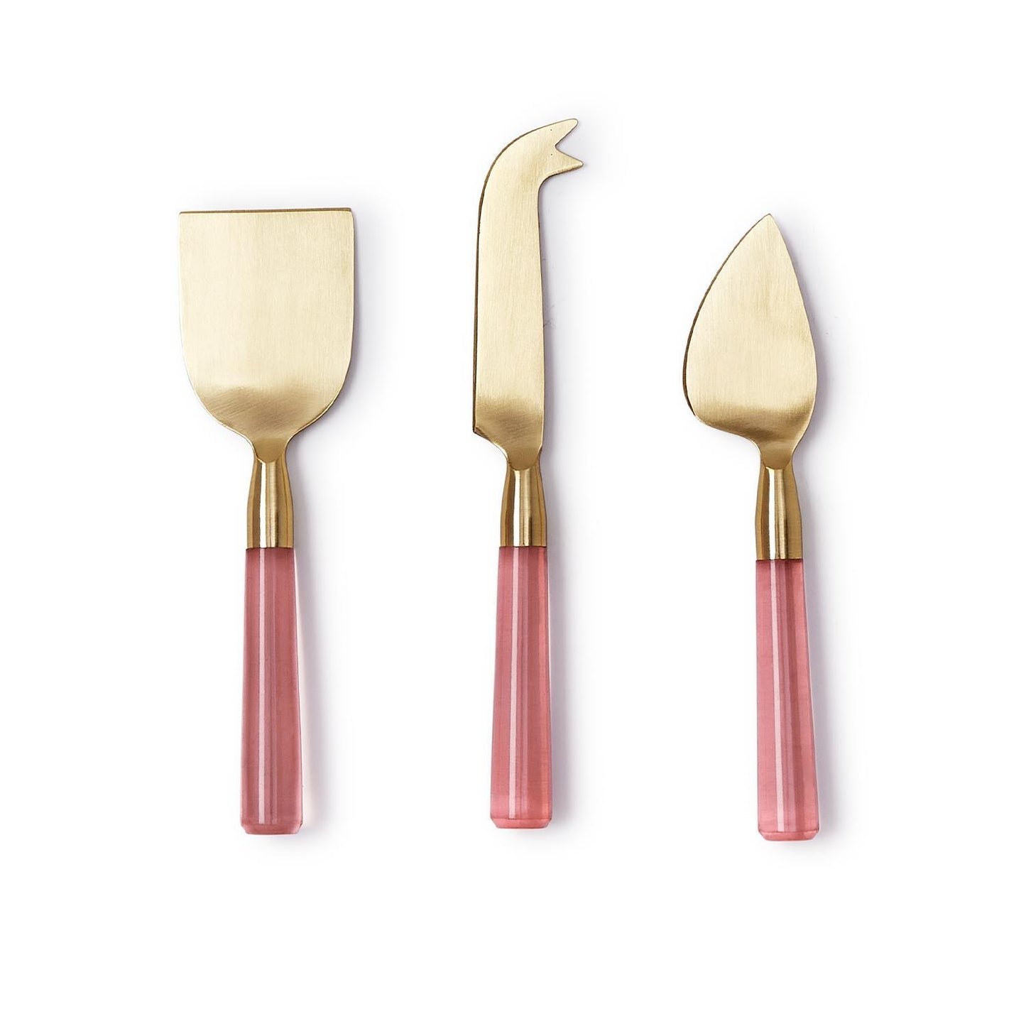 The Pink Blush Set of 3 Cheese Knives features pink handles and gold-colored blades. Includes a flat spreader, fork-tipped knife, and pointed blade. Made from high-quality acrylic and stainless steel with smooth glossy handles and matte blades. Comes in a gift box. Sizes: not applicable (one size).