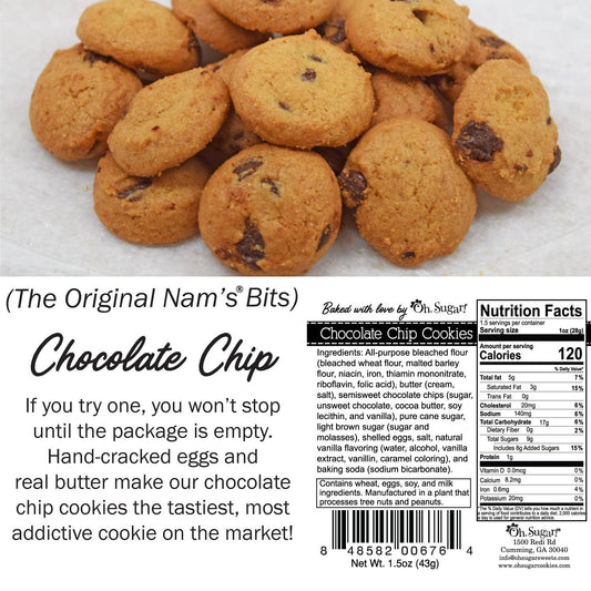 Gourmet Chocolate Chip Cookies, shown in "Mahjong Small" bag size. Nutrition facts and ingredients listed.