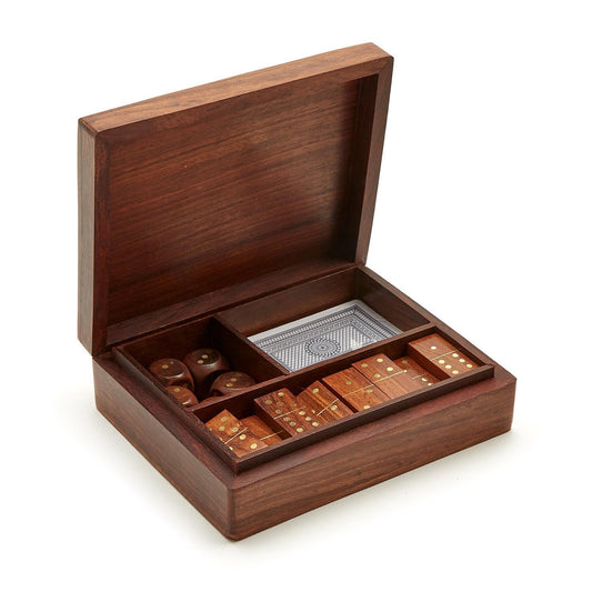 The Triple Threat Game Set in Hand-Crafted Wood Box features playing cards, dark brown dominoes with beige numbering, and matching dice. The compartmentalized interior ensures neat organization. Ideal for family game night. Sizes available: One size (standard).