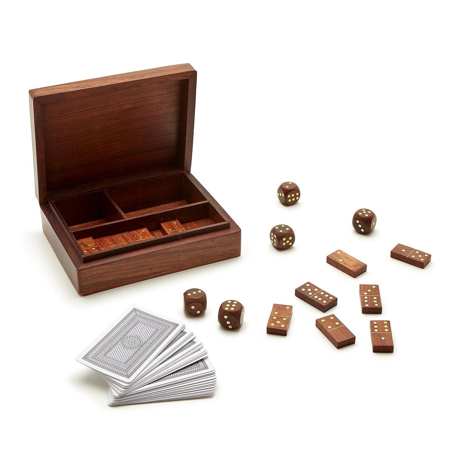 The Triple Threat Game Set
- Hand-crafted wooden box with compartments
- Includes wooden domino tiles, six wooden dice, and a stack of playing cards
- Perfect for family game night
- Sizes available: One size (standard game set dimensions)